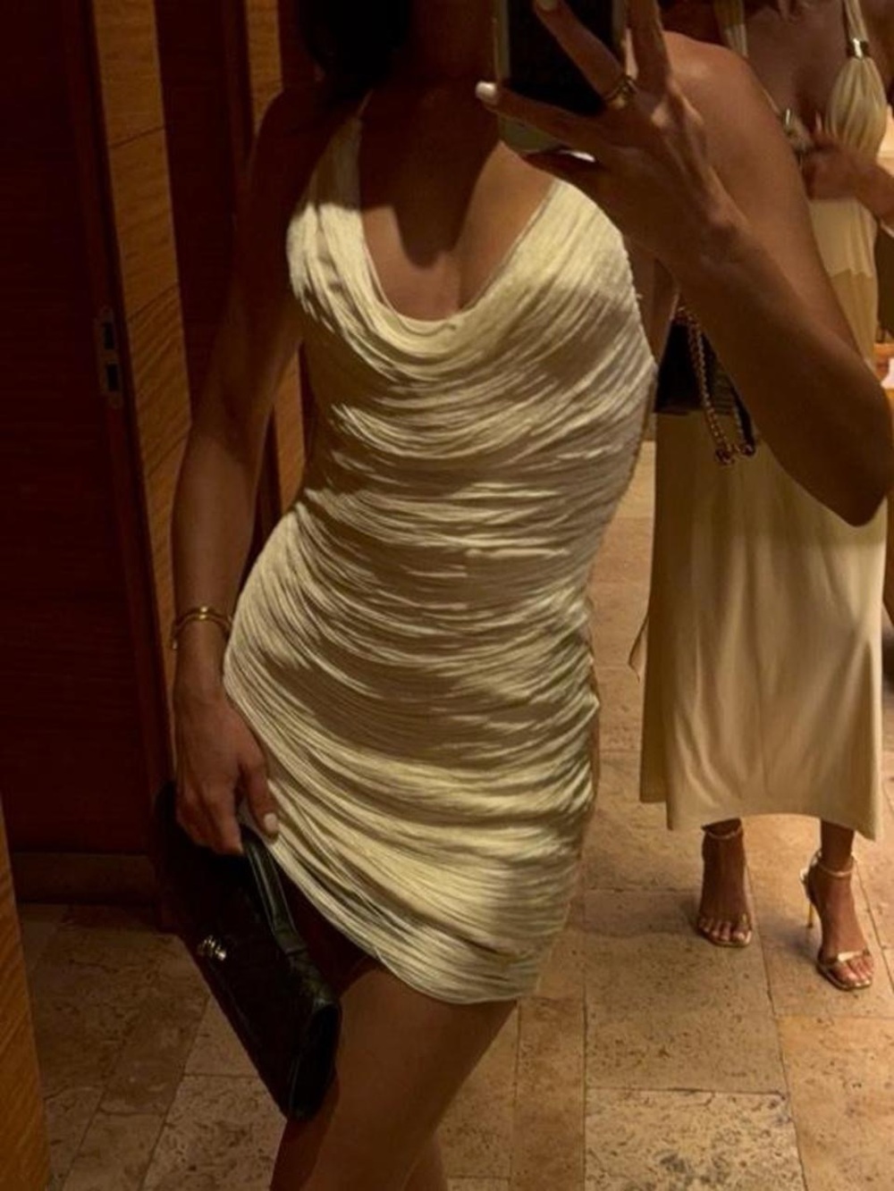 Michael Costello Cream Ruched Cowl Mini Dress